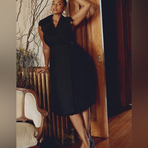 ELOQUII Asymmetrical Trench Midi Dress Black Size 22 Sleeveless Belted Pleated - Picture 8 of 9